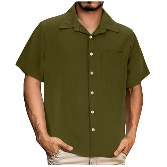 RYRJJ Men's Button Down Shirts Cotton Linen Short Sleeve Casual Shirts Regular Fit Summer Beach Vacation Shirts with Pocket(Army Green,XL)