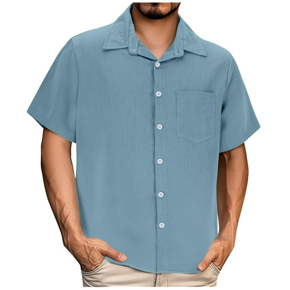 RYRJJ Men's Button Down Shirts Cotton Linen Short Sleeve Casual Shirts Regular Fit Summer Beach Vacation Shirts with Pocket(Light Blue,XL)