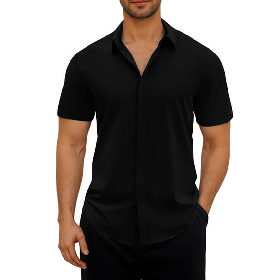 RYRJJ Men's Button Down Shirts Wrinkle Free Short Sleeve Casual Summer Beach Shirts Vacation Wedding Dress Shirts(Black,M)