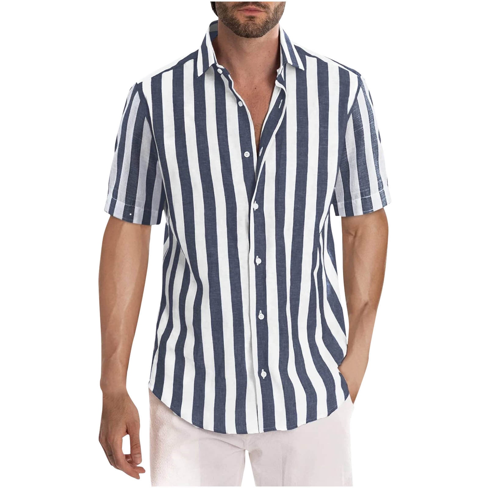 RYRJJ Men's Casual Classic Fit Striped Dress Shirts Short Sleeve Button ...