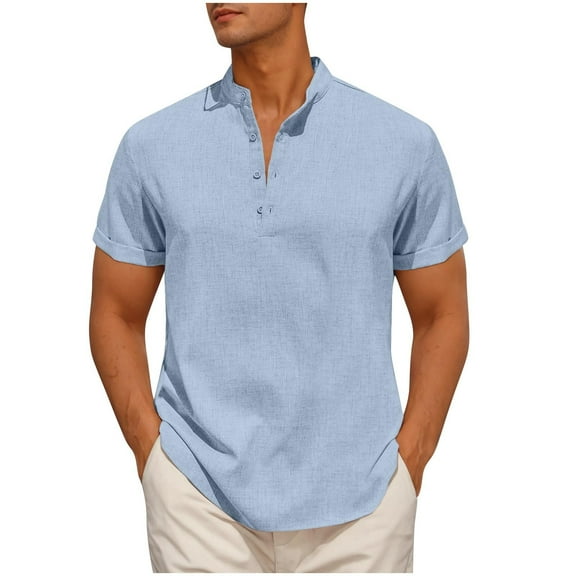 RYRJJ Men's Casual Henley Shirt Short Sleeve Summer Shirts Linen Band Collar Lightweight Summer Beach Hippie T-Shirts(Blue,S)
