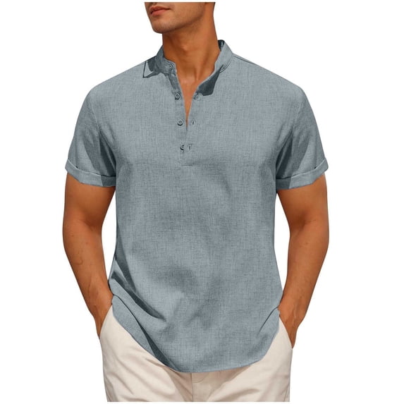 RYRJJ Men's Casual Henley Shirt Short Sleeve Summer Shirts Linen Band Collar Lightweight Summer Beach Hippie T-Shirts(Gray,XXL)
