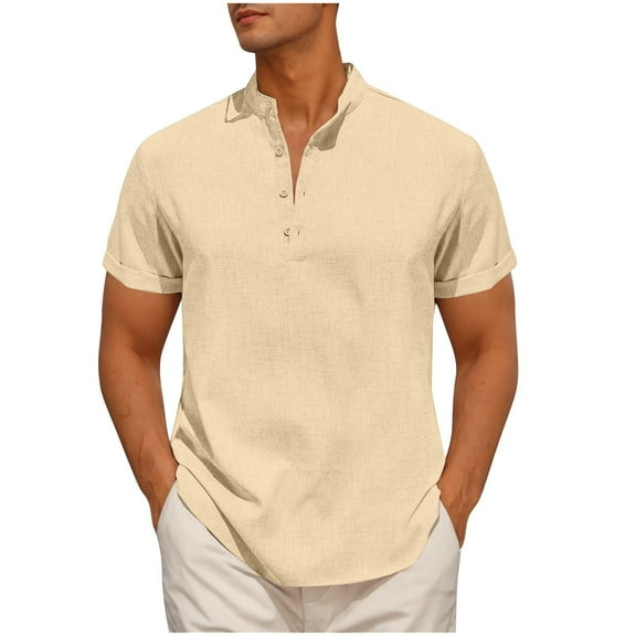 RYRJJ Men's Casual Henley Shirt Short Sleeve Summer Shirts Linen Band Collar Lightweight Summer Beach Hippie T-Shirts(Yellow,S)