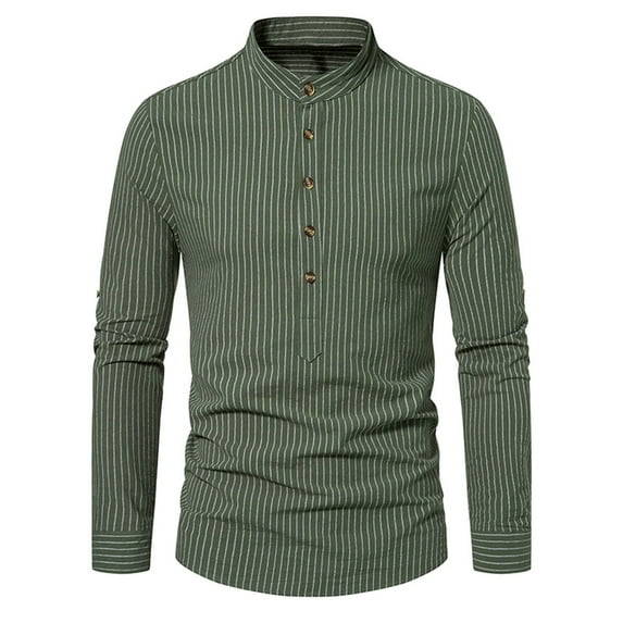 RYRJJ Men's Casual Henley Shirts Band Collar Long Sleeve Hippie Striped Beach Shirt Fashion Slim Fit Bussiness Work Shirt(Army Green,S)