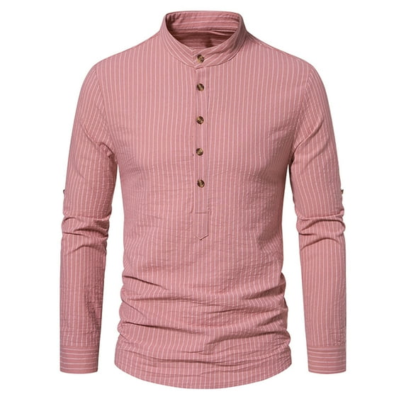 RYRJJ Men's Casual Henley Shirts Band Collar Long Sleeve Hippie Striped Beach Shirt Fashion Slim Fit Bussiness Work Shirt(Pink,XXL)