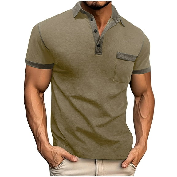 RYRJJ Men's Casual Polo Shirts Classic Short Sleeve Basic Button T-Shirt Lightweight Cotton Golf Tee Tops with Pocket(Coffee,L)