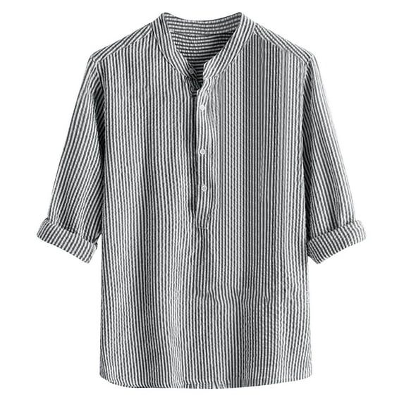 RYRJJ Men's Casual Summer Cotton Linen Henley Shirt Button Stand Collar Long Sleeve Hippie Vertical Striped Beach T Shirts(Black,XXL)