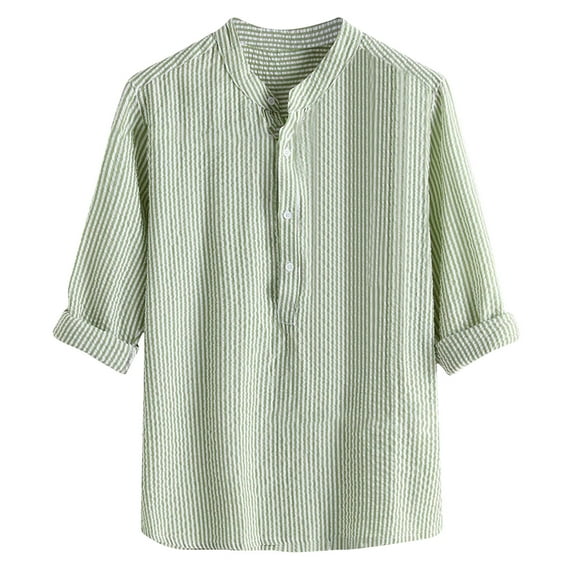 RYRJJ Men's Casual Summer Cotton Linen Henley Shirt Button Stand Collar Long Sleeve Hippie Vertical Striped Beach T Shirts(Green,M)