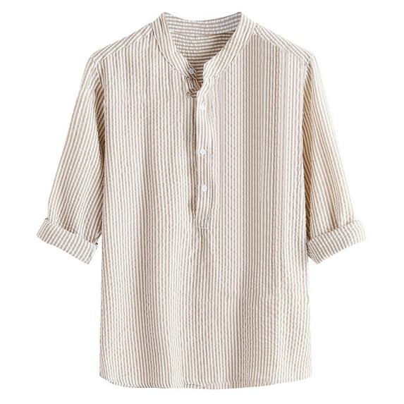 RYRJJ Men's Casual Summer Cotton Linen Henley Shirt Button Stand Collar Long Sleeve Hippie Vertical Striped Beach T Shirts(Pink,L)