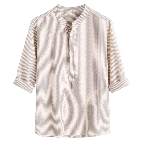 RYRJJ Men's Casual Summer Cotton Linen Henley Shirt Button Stand Collar Long Sleeve Hippie Vertical Striped Beach T Shirts(Pink,XL)
