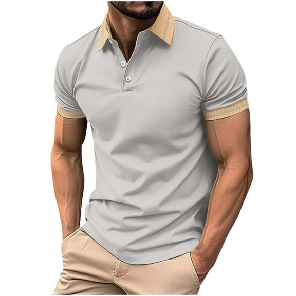 RYRJJ Men's Classic Fit Polo Shirts Summer Casual Short Sleeve Button Down Golf Shirts Vintage Collared T Shirt(Gray,XXL)