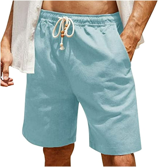 RYRJJ Men's Classic Linen Shorts Casual Lightweight Solid Color Short Pants Elastic Waist Drawstring Summer Beach Shorts(Light Blue,4XL)