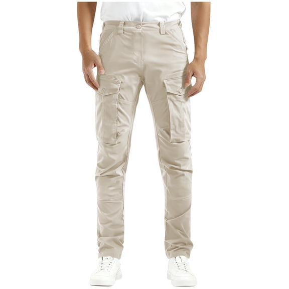 RYRJJ Men's Classic Slim Fit Stretch Chino Pants Solid Color Lightweight Elastic Waist Skinny Work Long Pant Trousers with Pocket(Beige,L)