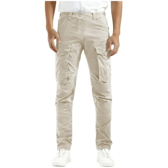 RYRJJ Men's Classic Slim Fit Stretch Chino Pants Solid Color Lightweight Elastic Waist Skinny Work Long Pant Trousers with Pocket(Beige,S)