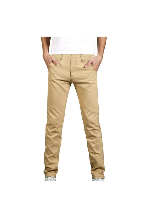 Men's Classic Slim Fit Stretch Chino Pants Solid Color Lightweight Elastic Waist Skinny Work Long Pant Trousers with Pocket(Khaki,L)