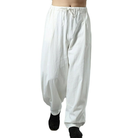 RYRJJ Men's Cotton Linen Harem Pants Drawstring Elastic Waist Casual Baggy Trousers Lightweight Loose Beach Yoga Pants with Pockets(White,M)