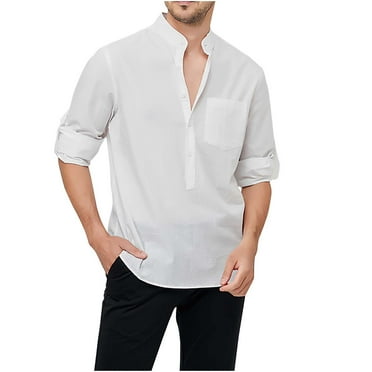 RYRJJ Men's Cotton Linen Henley Shirt Roll-Up Long Sleeve Hippie Casual Beach T Shirts Fall Banded Collar Button Bussiness Work Shirts with Chest Pocket(White,S)