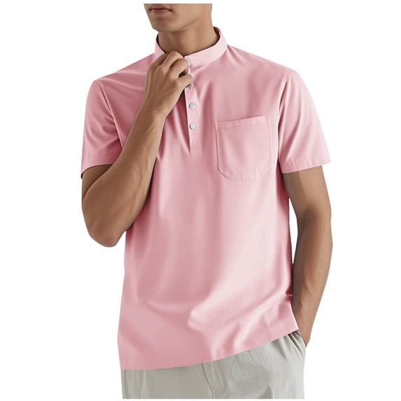 RYRJJ Men's Cotton Linen Henley Shirt Summer Fashion Short Sleeve Hippie Casual Beach T-Shirts with Chest Pocket(Pink,M)