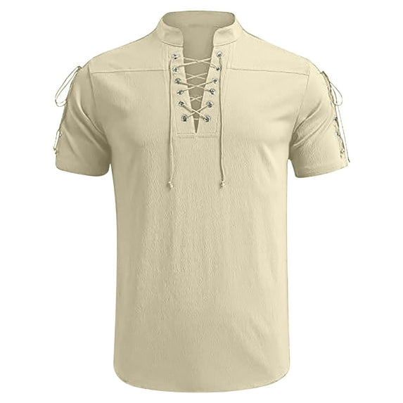 RYRJJ Men's Cotton Linen Henley Shirts Short Sleeve Casual Lace-Up Banded Collar Shirt Summer Beach Hippie T Shirts Vacation Tops(Beige,3XL)