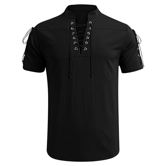 RYRJJ Men's Cotton Linen Henley Shirts Short Sleeve Casual Lace-Up Banded Collar Shirt Summer Beach Hippie T Shirts Vacation Tops(Black,XXL)