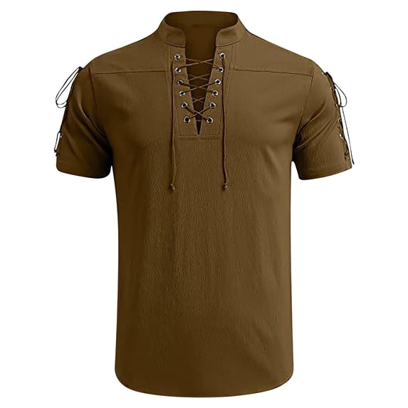 RYRJJ Men's Cotton Linen Henley Shirts Short Sleeve Casual Lace-Up Banded Collar Shirt Summer Beach Hippie T Shirts Vacation Tops(Brown,3XL)