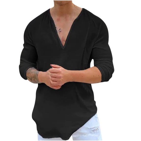 RYRJJ Men's Cotton Linen Shirt Short Sleeve Casual Beach T Shirts Deep V Neck Summer Lightweight Yoga Tops(Black,XXL)