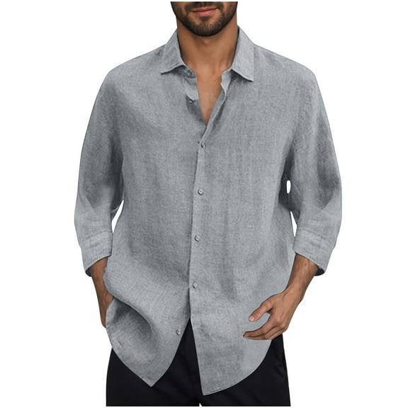 RYRJJ Men's Cotton Linen Shirts Casual Regular Fit Button Down Long Sleeve Shirt Solid Collared Summer Hippie Beach Shirts(Gray,M)