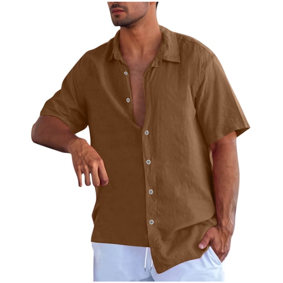 RYRJJ Men's Cotton Linen Short Sleeve Shirts Casual Lightweight Button Down Shirts Beach Summer Vacation Holiday Wedding Tops(Coffee,XL)