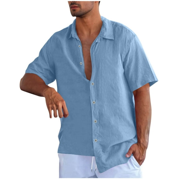 RYRJJ Men's Cotton Linen Short Sleeve Shirts Casual Lightweight Button Down Shirts Beach Summer Vacation Holiday Wedding Tops(Sky Blue,S)