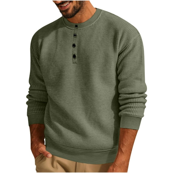 RYRJJ Men's Crewneck Lightweight Sweaters Quarter Button Sweatshirts Long Sleeve Casual Waffle Knitted Pullover Sweater(Army Green,L)