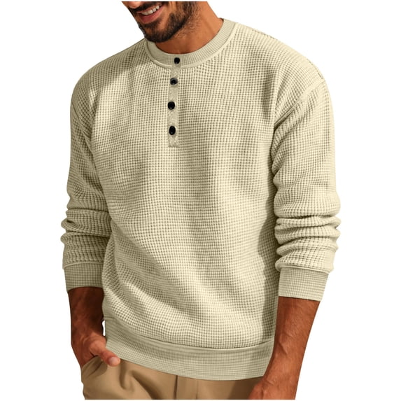 RYRJJ Men's Crewneck Lightweight Sweaters Quarter Button Sweatshirts Long Sleeve Casual Waffle Knitted Pullover Sweater(Beige,S)