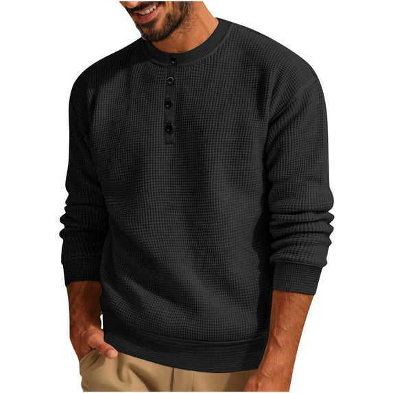 RYRJJ Men's Crewneck Lightweight Sweaters Quarter Button Sweatshirts Long Sleeve Casual Waffle Knitted Pullover Sweater(Black,L)
