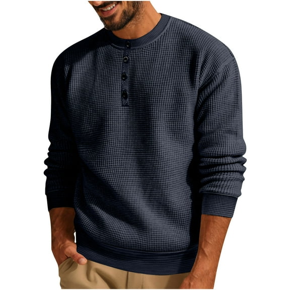 RYRJJ Men's Crewneck Lightweight Sweaters Quarter Button Sweatshirts Long Sleeve Casual Waffle Knitted Pullover Sweater(Navy,L)