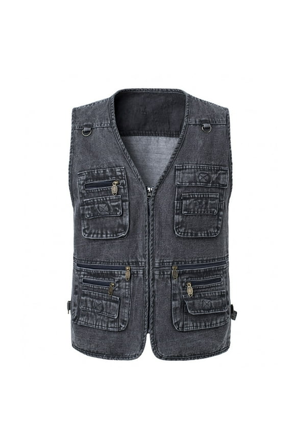 Men's Denim Vest with Multiple Pockets Sleeveless V-Neck Outdoor Travel Photography Sports Jean Cargo Vest Jacket Coat(Gray,L)