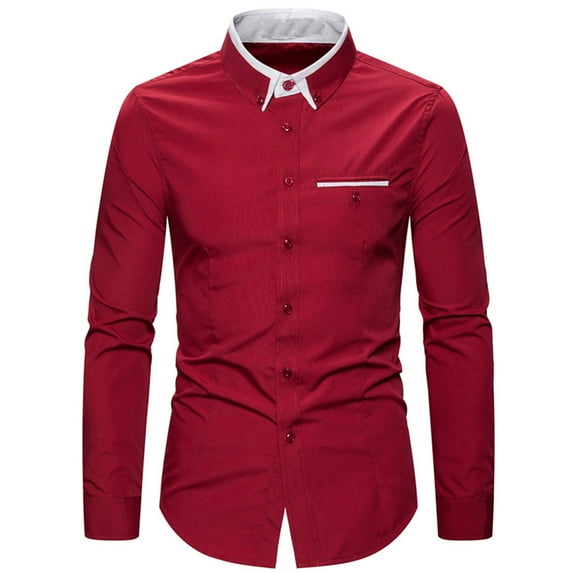 RYRJJ Men's Dress Shirts Fashion Long Sleeve Wrinkle-Resistant Casual Button Down Shirt Stretch Formal Business Work Pocket Front Shirts(Red,XXL)