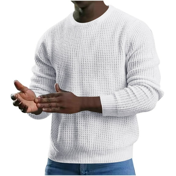 RYRJJ Men's Dress Sweater Slim Fit Lightweight Crew Neck Sweatshirts Waffle Knit Pullover Business Casual Fashion Long Sleeve Sweaters(White,XL)