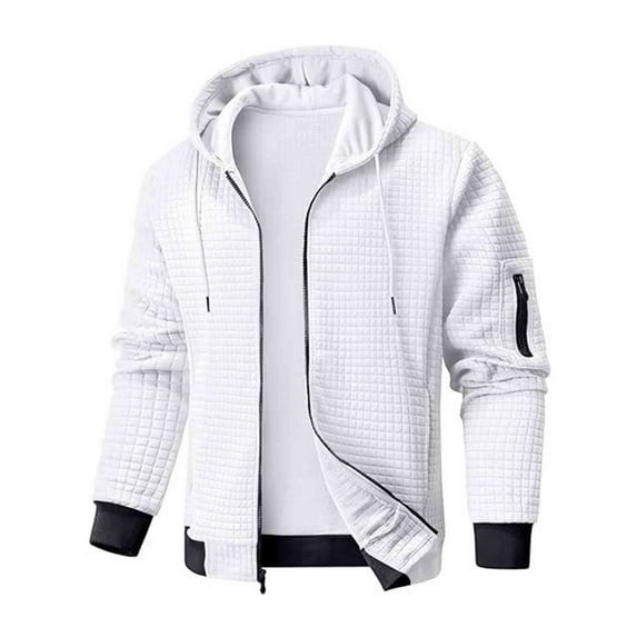 RYRJJ Men's Full Zip Up Hoodie Jacket Waffle Fall Winter Sports Sweatshirt Outwear Drawstring Casual Hooded Coat with Pockets(White,M)
