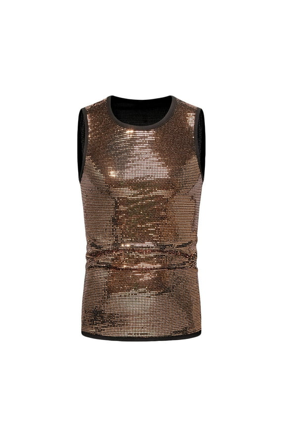 Men's Glitter Sequin Tank Tops Fashion Round Neck Sleeveless Shirts Slim Fitted Sparkly Club Party T Shirt(Brown,M)