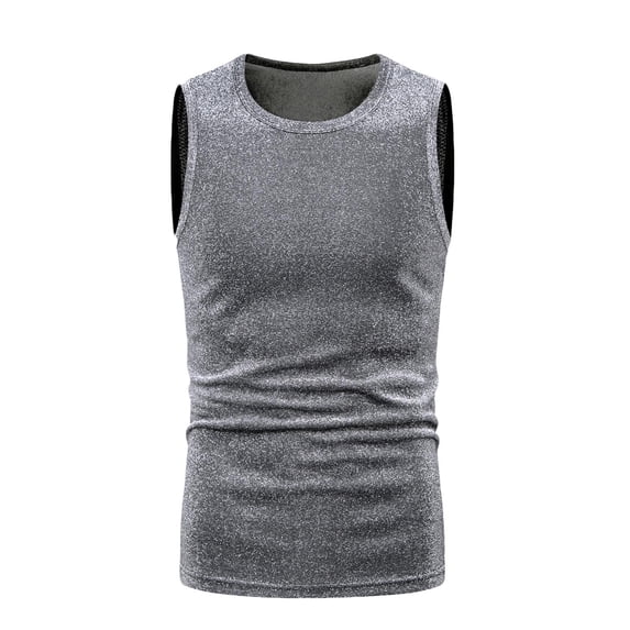 RYRJJ Men's Glitter Sequin Tank Tops Fashion Round Neck Sleeveless Shirts Slim Fitted Sparkly Club Party T Shirt(Gray,XXL)