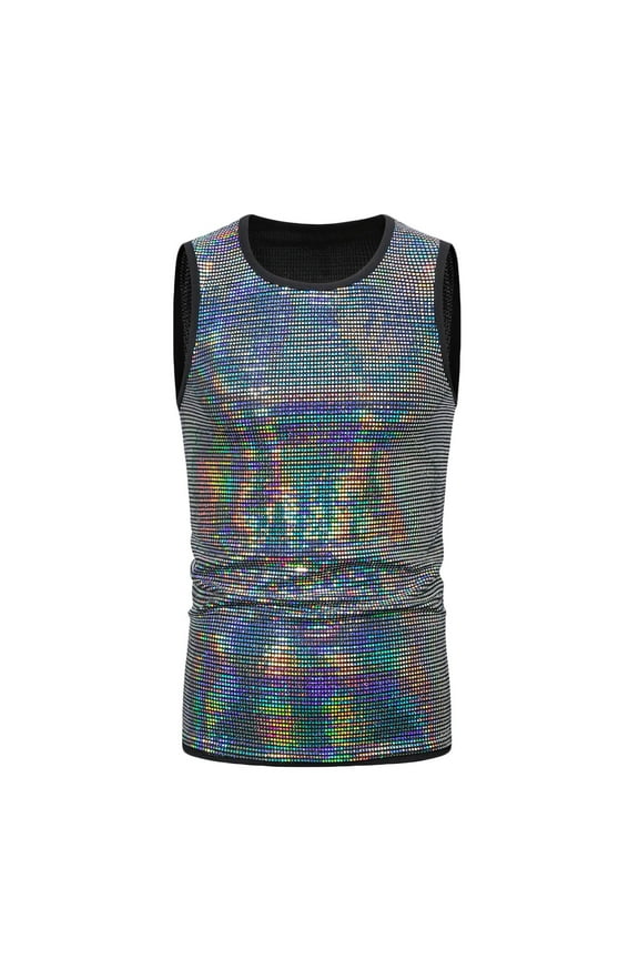 Men's Glitter Sequin Tank Tops Fashion Round Neck Sleeveless Shirts Slim Fitted Sparkly Club Party T Shirt(Silver,L)