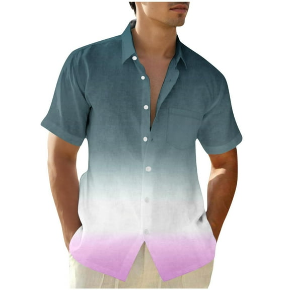 RYRJJ Men's Gradient Dress Shirts Short Sleeve 4-Way Stretch Button Down Shirt Hawaiian Summer Beach Casual T Shirts with Pockets