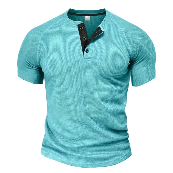 RYRJJ Men's Henley Shirts Short Sleeve Slim Fitted Cotton Muscle T-Shirt with Button Summer Casual Tees Tops(Sky Blue,XXL)