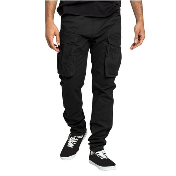 RYRJJ Men's Hiking Cargo Pants Drawstring Joggers Sweatpants Work Sports Loose Fit Hiking Trousers with Pockets(Black,L)