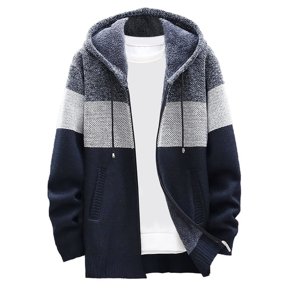 RYRJJ Men's Hooded Striped Coats Full Zip Knitted Cardigan Sweater Drawstring Fleece Sherpa Lined Hoodies Jacket with Pocket(Navy,XXL)