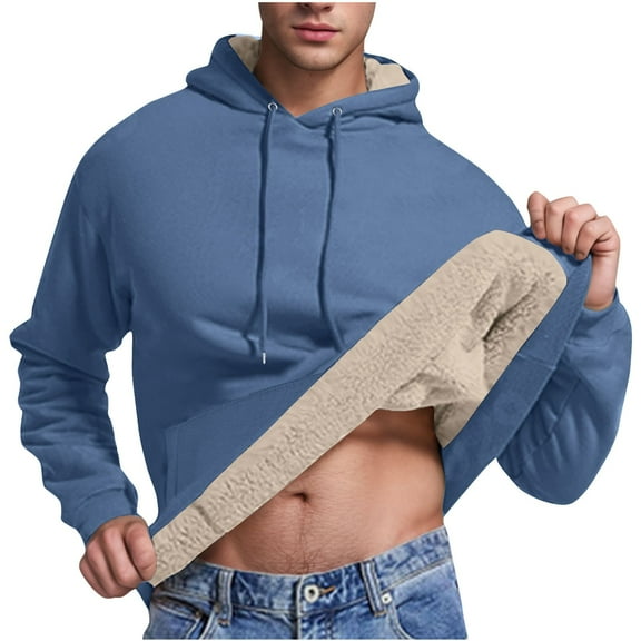 RYRJJ Men's Hoodie Sherpa Fleece Lined Warm Pullover Thick Winter Drawstring Hooded Sweatshirt with Pocket(Blue,S)