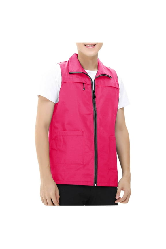 Men's Lightweight Golf Vest Outerwear with Multi Pockets Outdoor Travel Work Sleeveless Jacket for Running Hiking Sports(Hot Pink,XL)