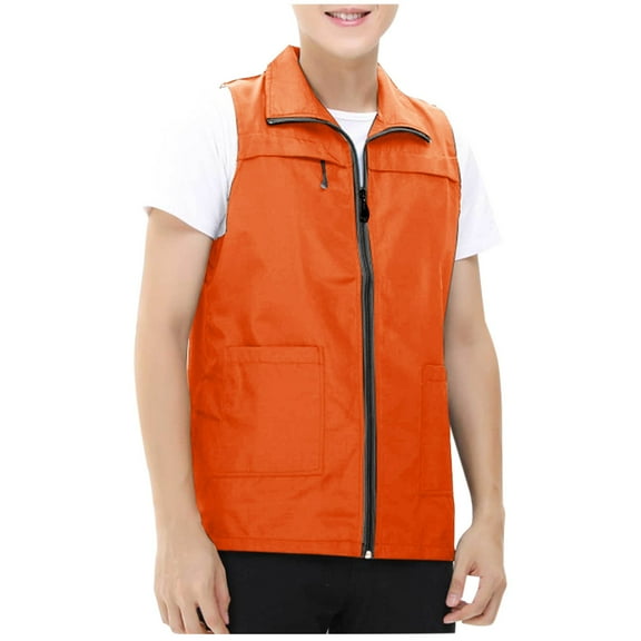 RYRJJ Men's Lightweight Golf Vest Outerwear with Multi Pockets Outdoor Travel Work Sleeveless Jacket for Running Hiking Sports(Orange,M)