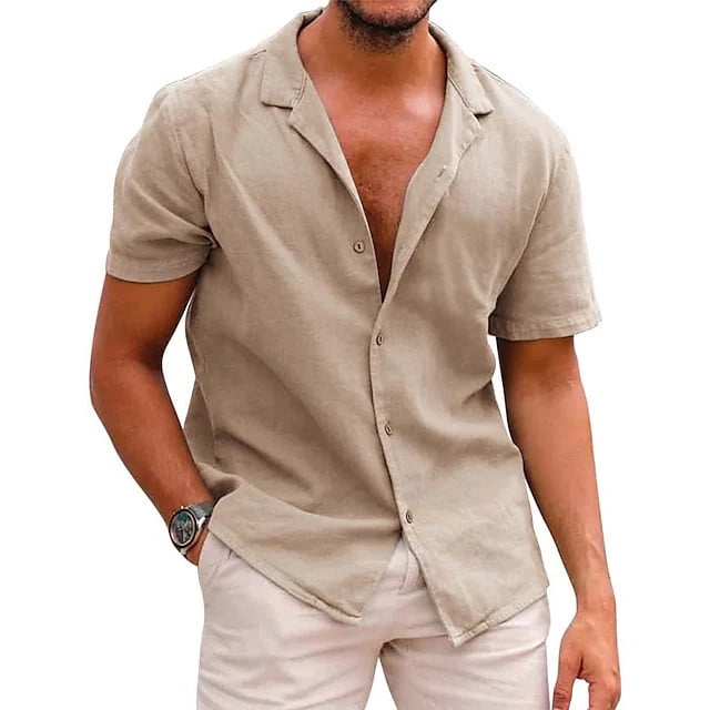 RYRJJ Men's Linen Shirts Short Sleeve Casual Button Down Shirt for