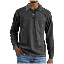 RYRJJ Men's Long Sleeve Polo Shirts Vintage Washed Distressed Button Pullover Casual Stylish Golf Collar Shirt for Men(Black,XL)