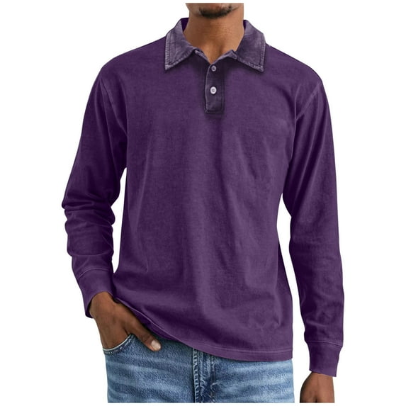 RYRJJ Men's Long Sleeve Polo Shirts Vintage Washed Distressed Button Pullover Casual Stylish Golf Collar Shirt for Men(Purple,XL)